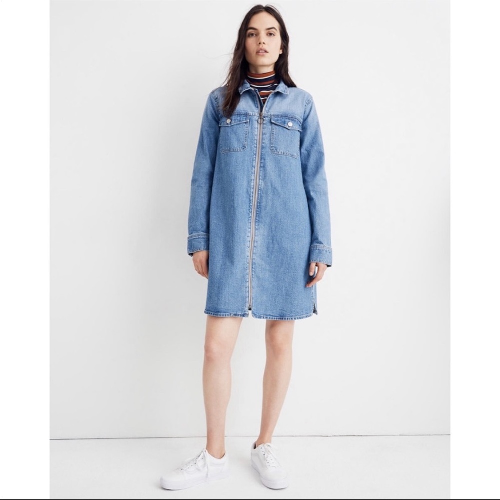 Madewell full zip front collared long sleeve denim jean shirt dress with pockets